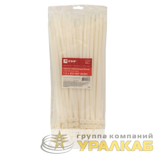 Хомут кабельный 7.2х300 нейл. бел. (уп.100шт) EKF 