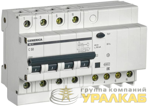 Выключатель автоматический дифференциального тока 4п 50А 300мА АД14 GENERICA 