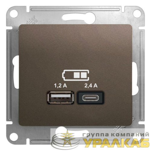 Розетка USB Glossa тип A+C 5В/2.4А 2х5В/1.2А механизм шоколад SE 