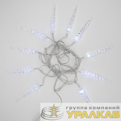 Гирлянда светодиодная "Айсикл" (бахрома) "Сосульки" 1.5х0.25м 10LED бел. 0.51Вт IP20 провод прозр. Neon-Night 