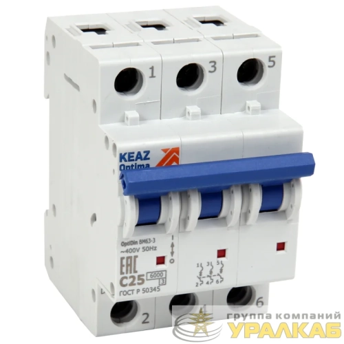 Выключатель автоматический модульный 3п D 32А OptiDin BM63-3D32-УХЛ3 КЭАЗ 