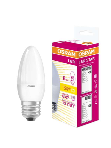 Лампа светодиодная LED STAR CLASSIC B 75 8W/830 8Вт свеча 3000К тепл. бел. E27 806лм 220-240В матов. пласт. OSRAM 