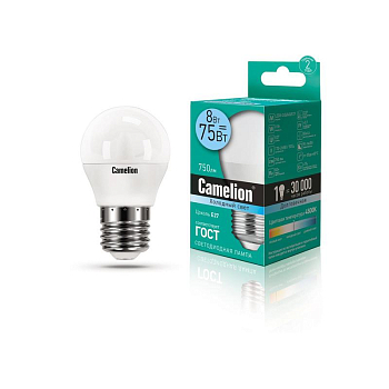 Лампа светодиодная LED8-G45/845/E27 8Вт шар 4500К бел. E27 750лм 170-265В Camelion 