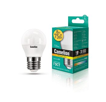 Лампа светодиодная LED8-G45/830/E27 8Вт шар 3000К тепл. бел. E27 720лм 170-265В Camelion 