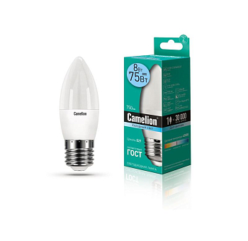 Лампа светодиодная LED8-C35/845/E27 8Вт свеча 4500К бел. E27 750лм 170-265В Camelion 