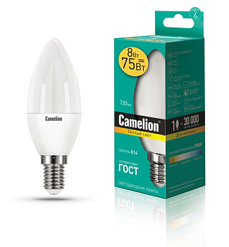 Лампа светодиодная LED8-C35/830/E14 8Вт свеча 3000К тепл. бел. E14 720лм 170-265В Camelion 