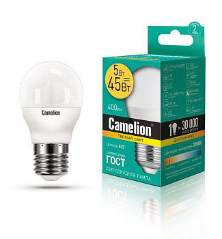 Лампа светодиодная LED5-G45/830/E27 5Вт шар 3000К тепл. бел. E27 390лм 220-240В Camelion 