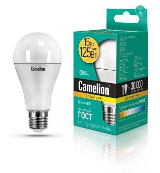 Лампа светодиодная LED15-A65/830/E27 15Вт грушевидная 3000К тепл. бел. E27 1280лм 170-265В Camelion 12196 / 