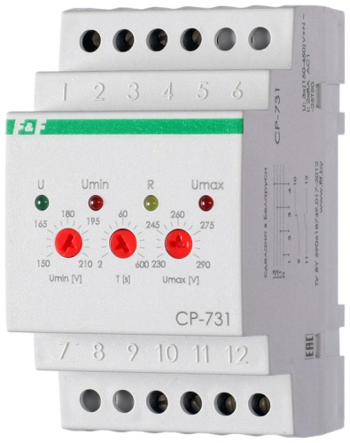Реле напряжения CP-731 (трехфазный; микропроцессорный; контроль верхнего и нижнего значений напряжения; контроль асимметрии; чередования фаз; монтаж на DIN-рейке 35мм 3х400/230+N 2х8А 1Z 1R IP20) F&F 