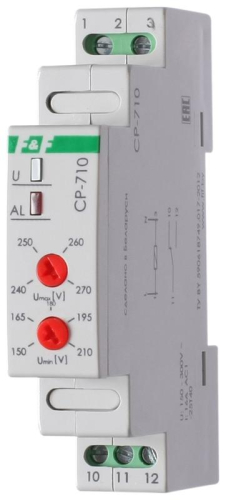 Реле напряжения CP-710 (однофазный; контроль верхнего и нижнего значений напряжения; монтаж на DIN-рейке 35мм; 230В 16А 1P IP20) F&F 