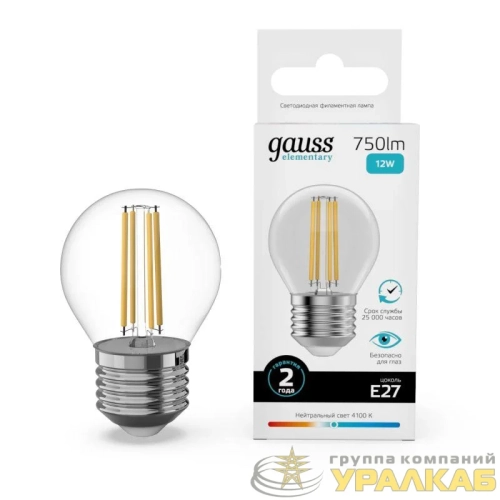 Лампа светодиодная филаментная Filament Elementary 12Вт шар 4100К Е27 750лм GAUSS 