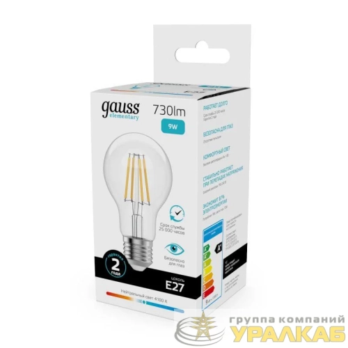 Лампа светодиодная филаментная Filament Elementary А60 9Вт 4100К Е27 730лм GAUSS 