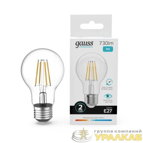 Лампа светодиодная филаментная Filament Elementary А60 9Вт 4100К Е27 730лм GAUSS 