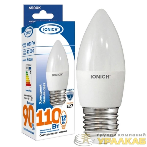 Лампа светодиодная C37 12Вт свеча 6500К E27 230В IONICH 