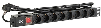 Блок розеток 8 мест PDU (немец. станд.)  19дюймов DIN49440 с LED выкл. ПВХ 1U шнур 2м ITK 