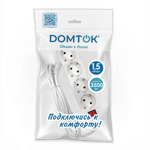 Удлинитель 4х1.5м с заземл. 16А IP20 3х1 с выкл. бел. DOMTOK 