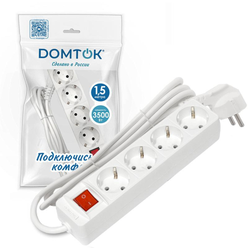 Удлинитель 4х1.5м с заземл. 16А IP20 3х1 с выкл. бел. DOMTOK 