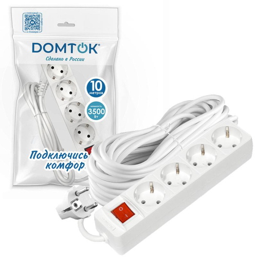 Удлинитель 4х10м с заземл. 16А IP20 3х1 с выкл. бел. DOMTOK 