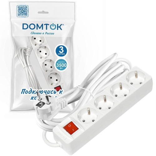 Удлинитель 4х3х16А IP20 3х1 с выкл. бел. DOMTOK 