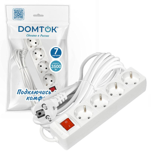 Удлинитель 4х7м с заземл. 16А IP20 3х1 с выкл. бел. DOMTOK 