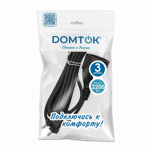Удлинитель-шнур 1х3м без заземл. 10А IP20 ПВС 2х1 черн. DOMTOK 