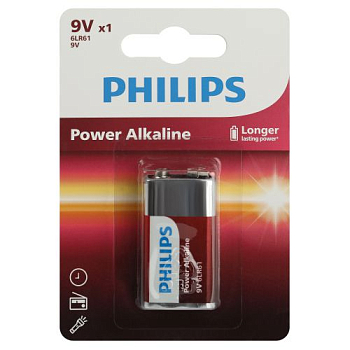 Элемент питания алкалиновый "крона" 6LR61 9В Power (блист.1шт) 6LR61P1B/51 Philips 
