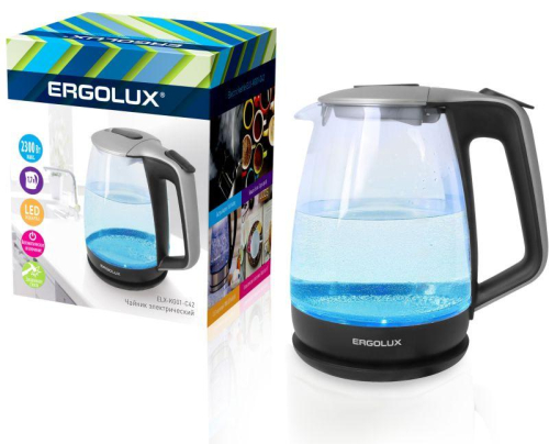 Чайник ELX-KG01-C42 стекл. 1.7л 160-250В 1500-2300Вт серебристо-черн. Ergolux 