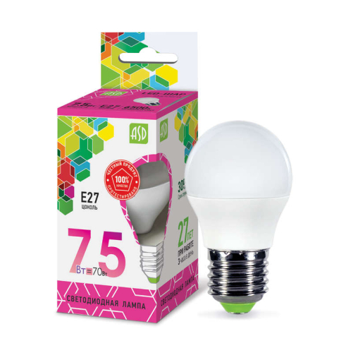 Лампа светодиодная LED-ШАР-standard 7.5Вт 230В E27 6500К 675Лм ASD 