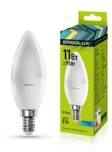 Лампа светодиодная LED-C35-11W-E14-4K Свеча 11Вт E14 4500К 172-265В Ergolux 