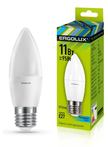 Лампа светодиодная LED-C35-11W-E27-4K Свеча 11Вт E27 4500К 172-265В Ergolux 