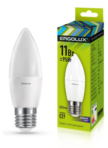 Лампа светодиодная LED-C35-11W-E27-6K Свеча 11Вт E27 6500К 172-265В Ergolux 