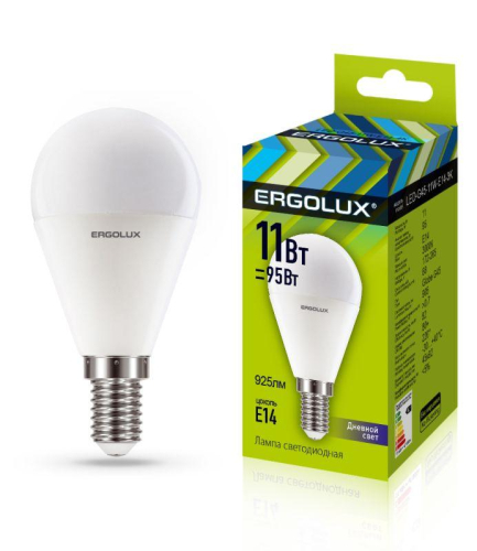 Лампа светодиодная LED-G45-11W-E14-6K Шар 11Вт E14 6500К 172-265В Ergolux 