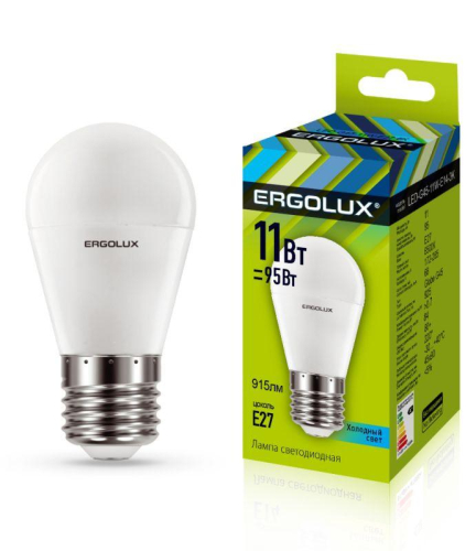 Лампа светодиодная LED-G45-11W-E27-4K Шар 11Вт E27 4500К 172-265В Ergolux 