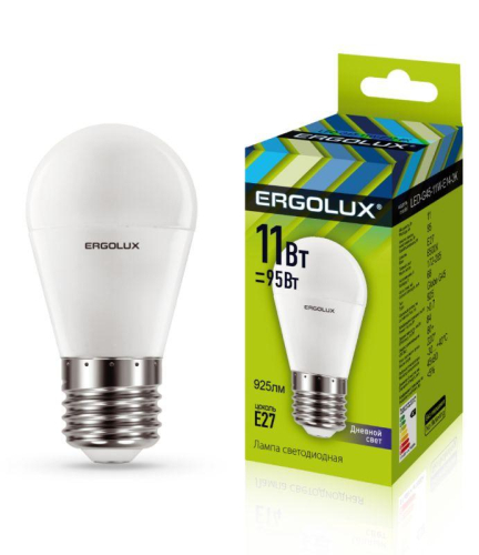 Лампа светодиодная LED-G45-11W-E27-6K Шар 11Вт E27 6500К 172-265В Ergolux 