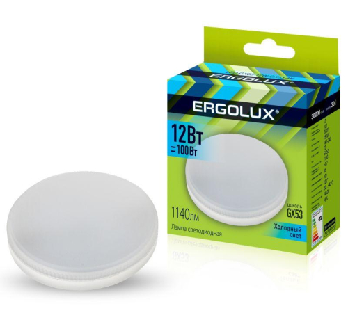 Лампа светодиодная LED-GX53-12W-GX53-4K 12Вт GX53 4500К 180-240В Ergolux 