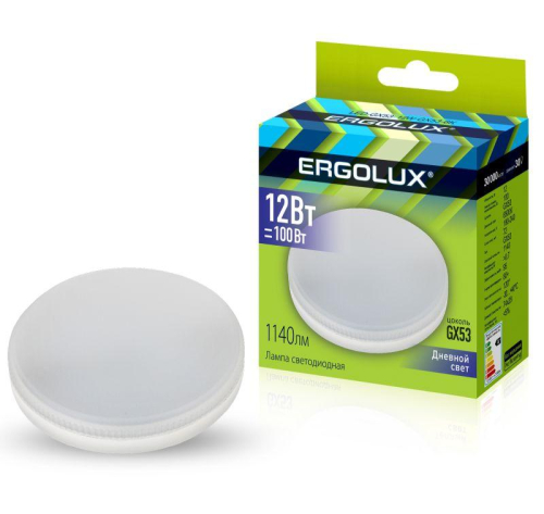 Лампа светодиодная LED-GX53-12W-GX53-6K 12Вт GX53 6500К 180-280В Ergolux 