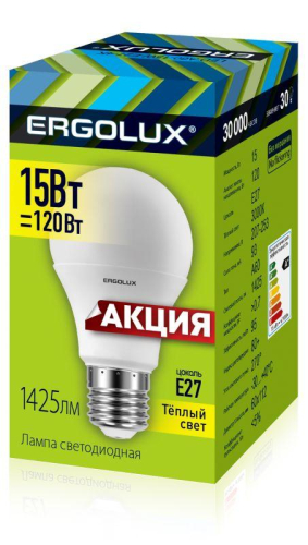 Лампа светодиодная LED-A60-15W-E27-3K ЛОН 15Вт E27 3000К 220-240В ПРОМО Ergolux 