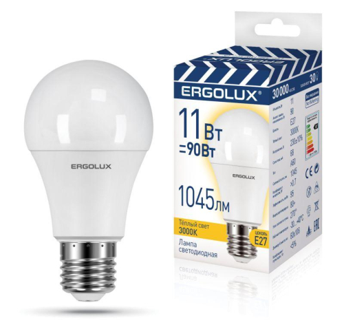 Лампа светодиодная LED-A60-11W-E27-3K "ПРОМО" ЛОН 11Вт Е27 3000К 220-240В Ergolux 
