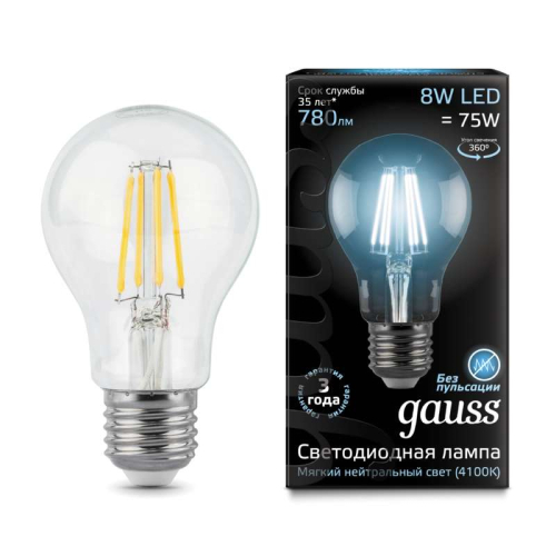 Лампа светодиодная Black Filament A60 E27 8Вт 4100К Gauss 