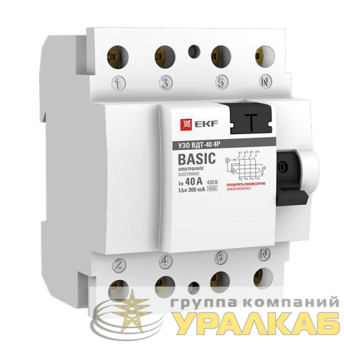 Выключатель дифференциального тока (УЗО) 4п 40А 300мА ВДТ-40 (электрон.) Basic EKF 
