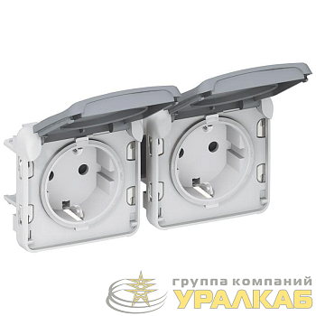Механизм розетки 2-м СП Plexo 16А IP55 горизонт. 2х2P+E с заземл. с крышкой немецк. стандарт сер. Leg 