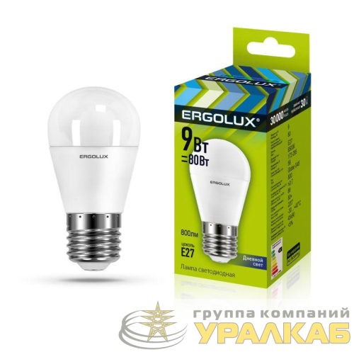Лампа светодиодная LED-G45-9W-E27-6К Шар 9Вт E27 6500К 172-265В Ergolux 