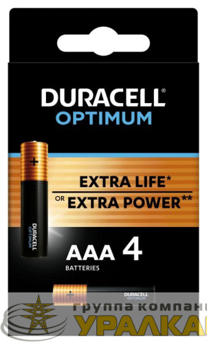 Элемент питания алкалиновый ААА 1.5В LR03-4BL Optimum 5014062 (блист.4шт) Duracell 