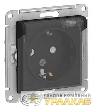 Розетка 1-м СП AtlasDesign Aqua 16А IP44 с заземл. защ. шторки с прозр. крышкой механизм карбон SE 