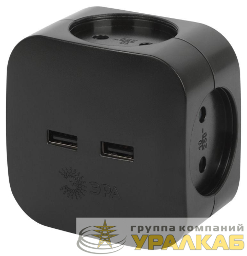 Разветвитель электрический SP-4-USB-B на 4 розетки 220В+ 2xUSB 2400мА без заземл 10А черн. Эра 