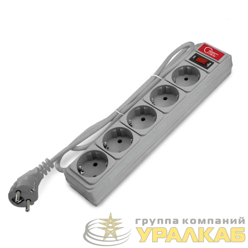 Удлинитель с сетевым фильтром 5х1.5м 10А IP21 ПВС 3х0.75 сер. Союз 