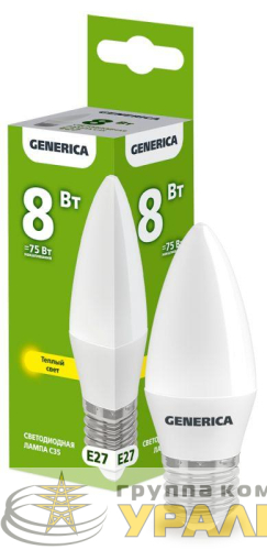 Лампа светодиодная C35 8Вт свеча 3000К E27 230В GENERICA 