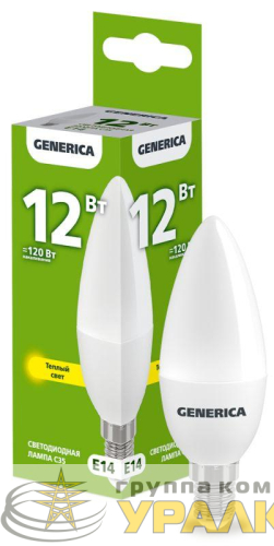 Лампа светодиодная C35 12Вт свеча 3000К E14 230В GENERICA 