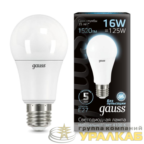 Лампа светодиодная Black 16Вт A60 грушевидная 4100К нейтр. бел. E27 1520лм GAUSS 