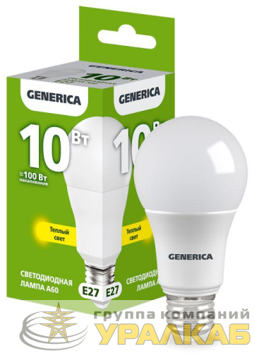 Лампа светодиодная A60 10Вт грушевидная 3000К E27 230В GENERICA 